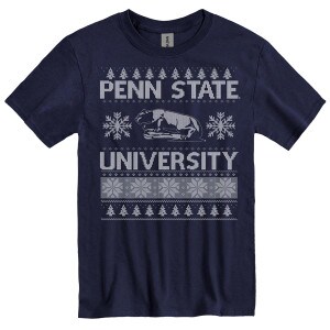 navy short sleeve holiday t-shirt with Penn State University, Lion Shrine, trees, and snowflakes